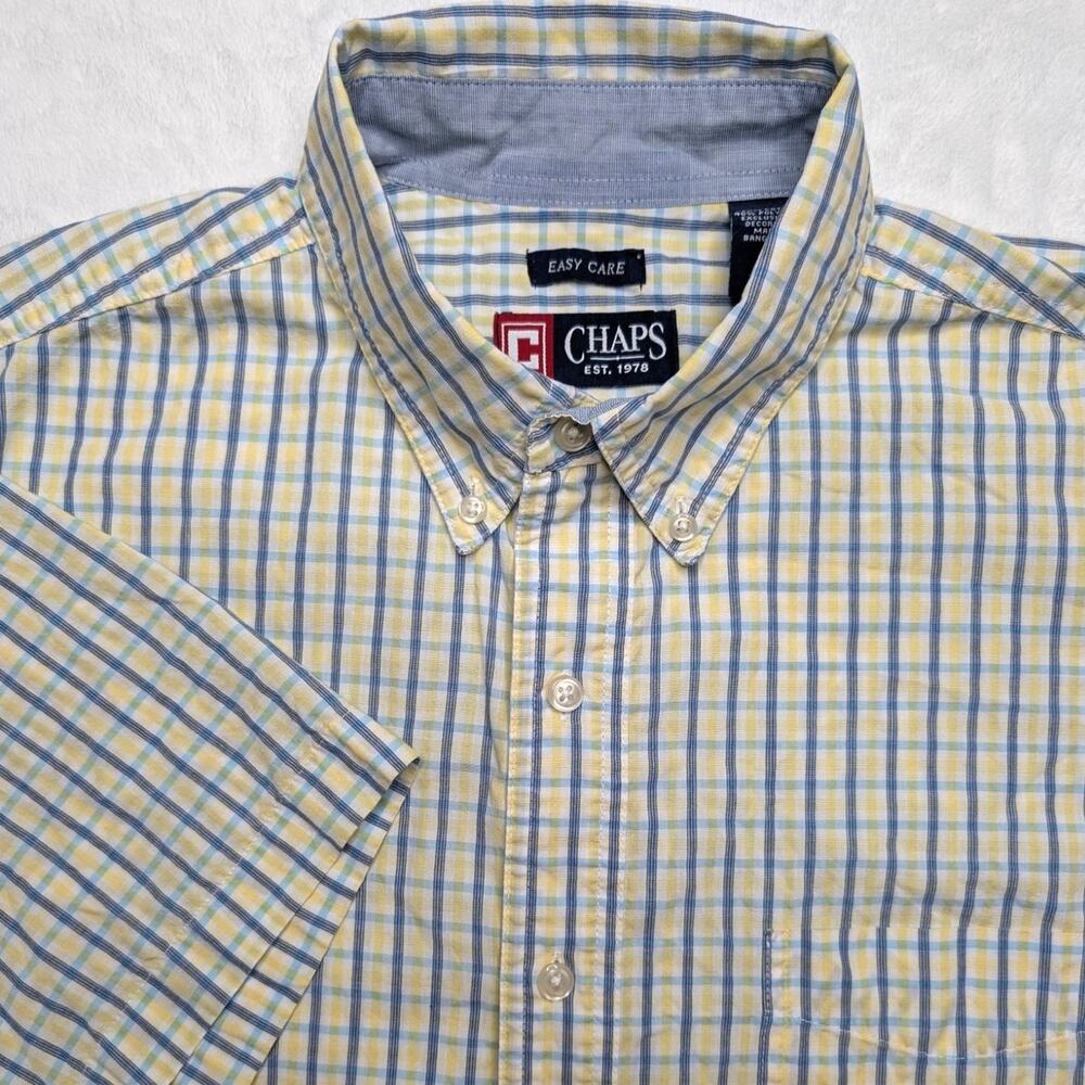 Chaps Easy Care Mens Short‎ Sleeve Button Down Shirt - Large Plaid Yellow Blue